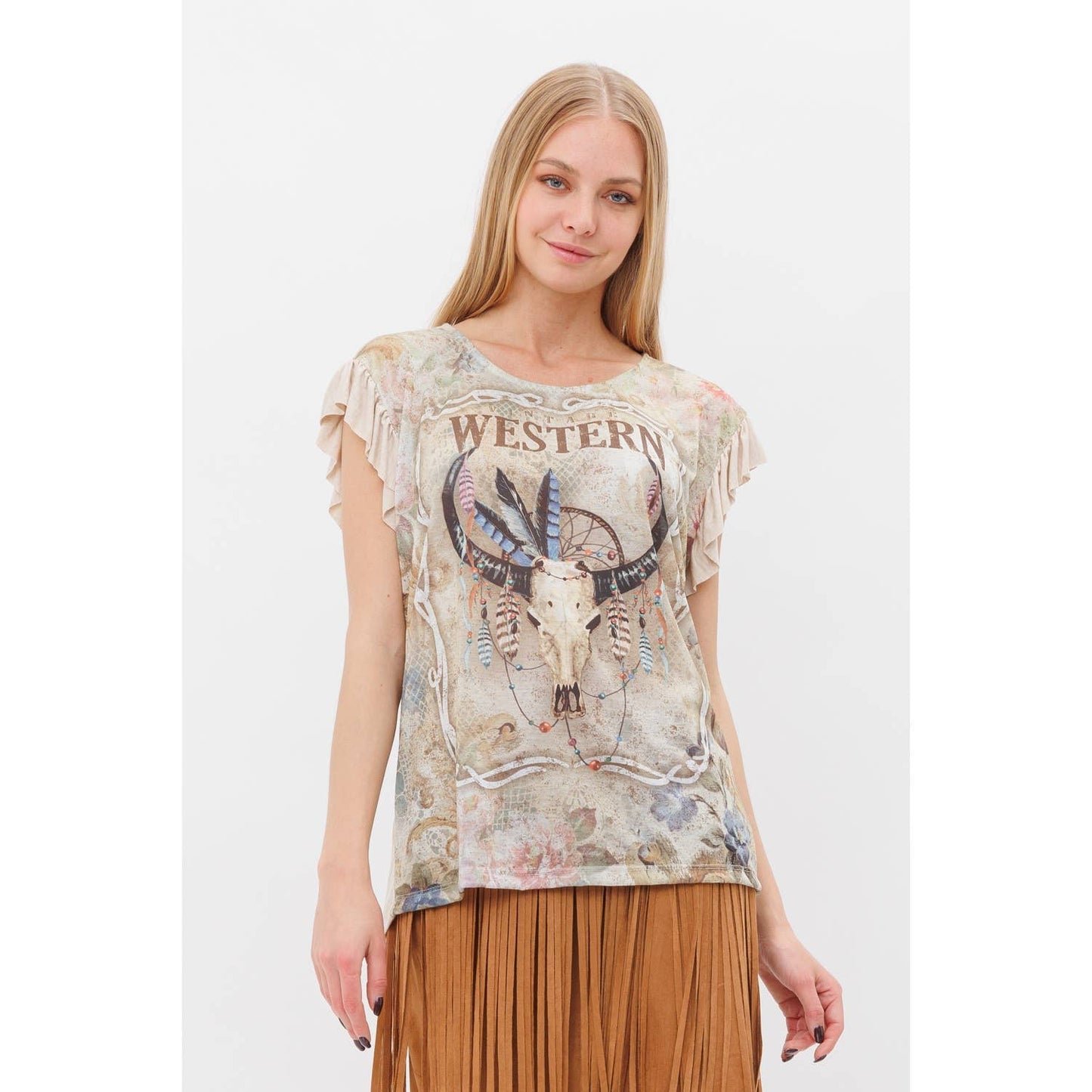 VOCAL - MULTICOLOR WESTERN PRINT RUFFLE SHORT SLEEVE KNIT TOP