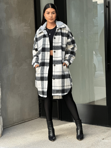 Oversize Long Flannel Plaid Shacket with Hoodie