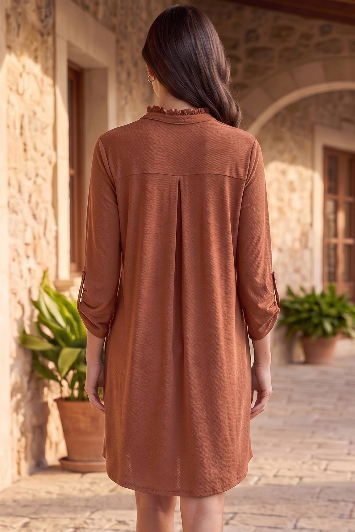 Ruffle Neckline A-Line Lizzy 3/4 Sleeve Dress