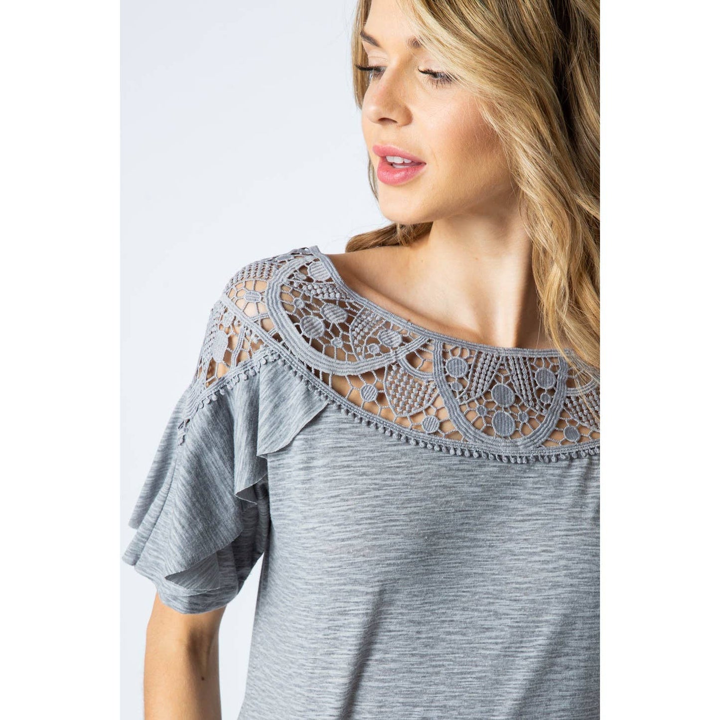 VOCAL - CROCHET LACE CONTRAST YOKE RUFFLE SHORT SLEEVE KNIT TOP