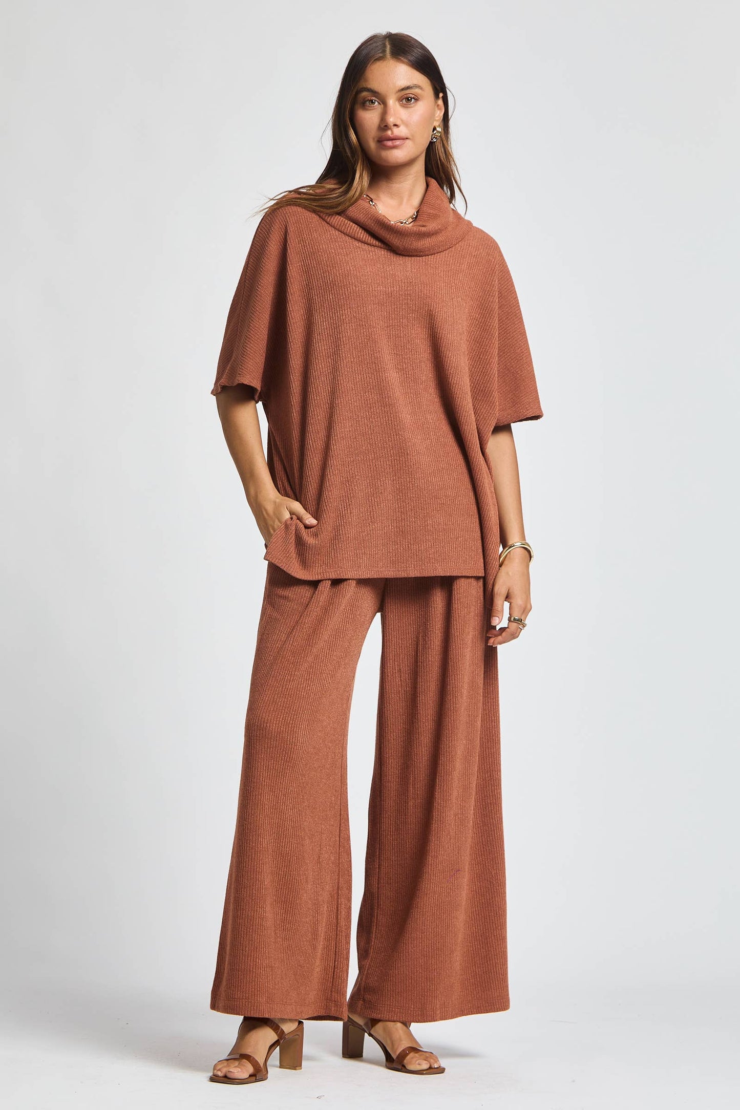 Cowl Neck Top + Relaxed Pants 2 Piece Set