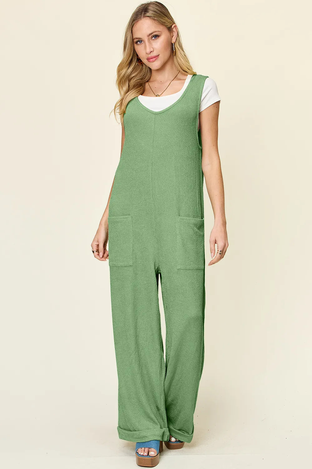 Full Size Texture Sleeveless Wide Leg Jumpsuit