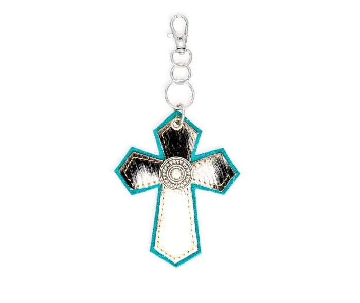 Hair-on Medallion Cross Hide Key Fob in Turquoise