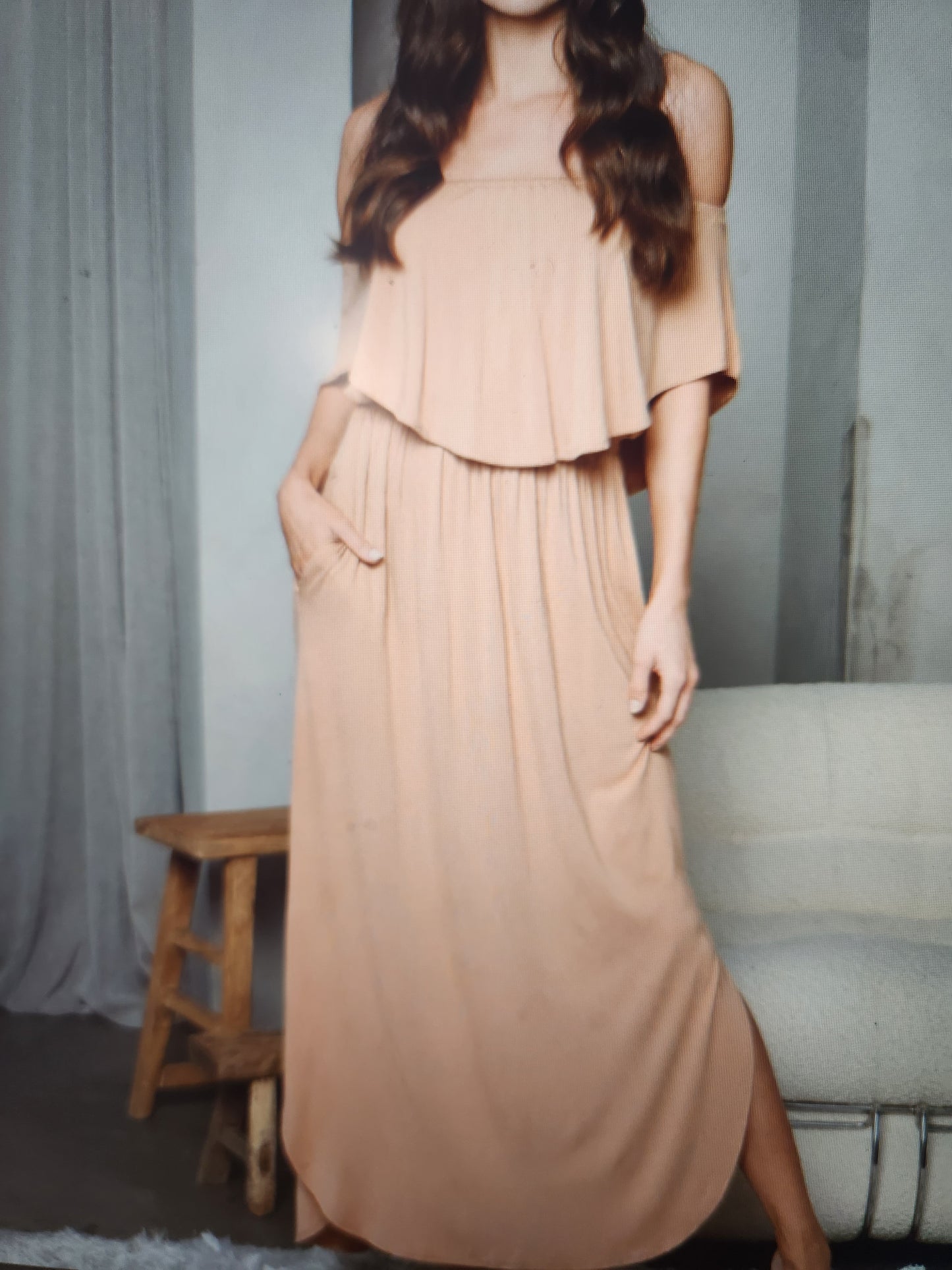 WOMEN'S OFF SHOULDER RUFFLE FRONT MAXI DRESS