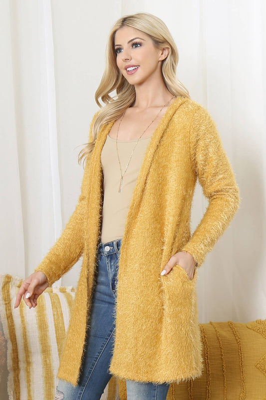 Front pockets open furry cardigan
