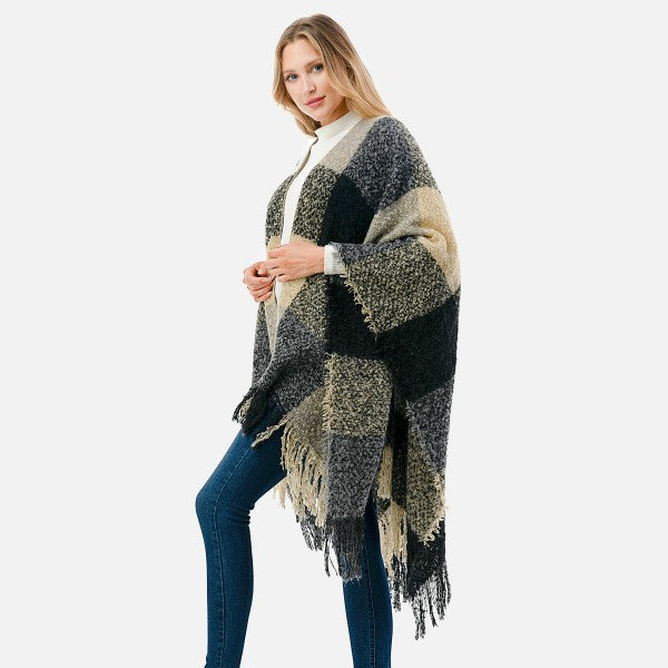 Plaid Ruana with fringe hem
