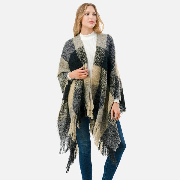 Plaid Ruana with fringe hem