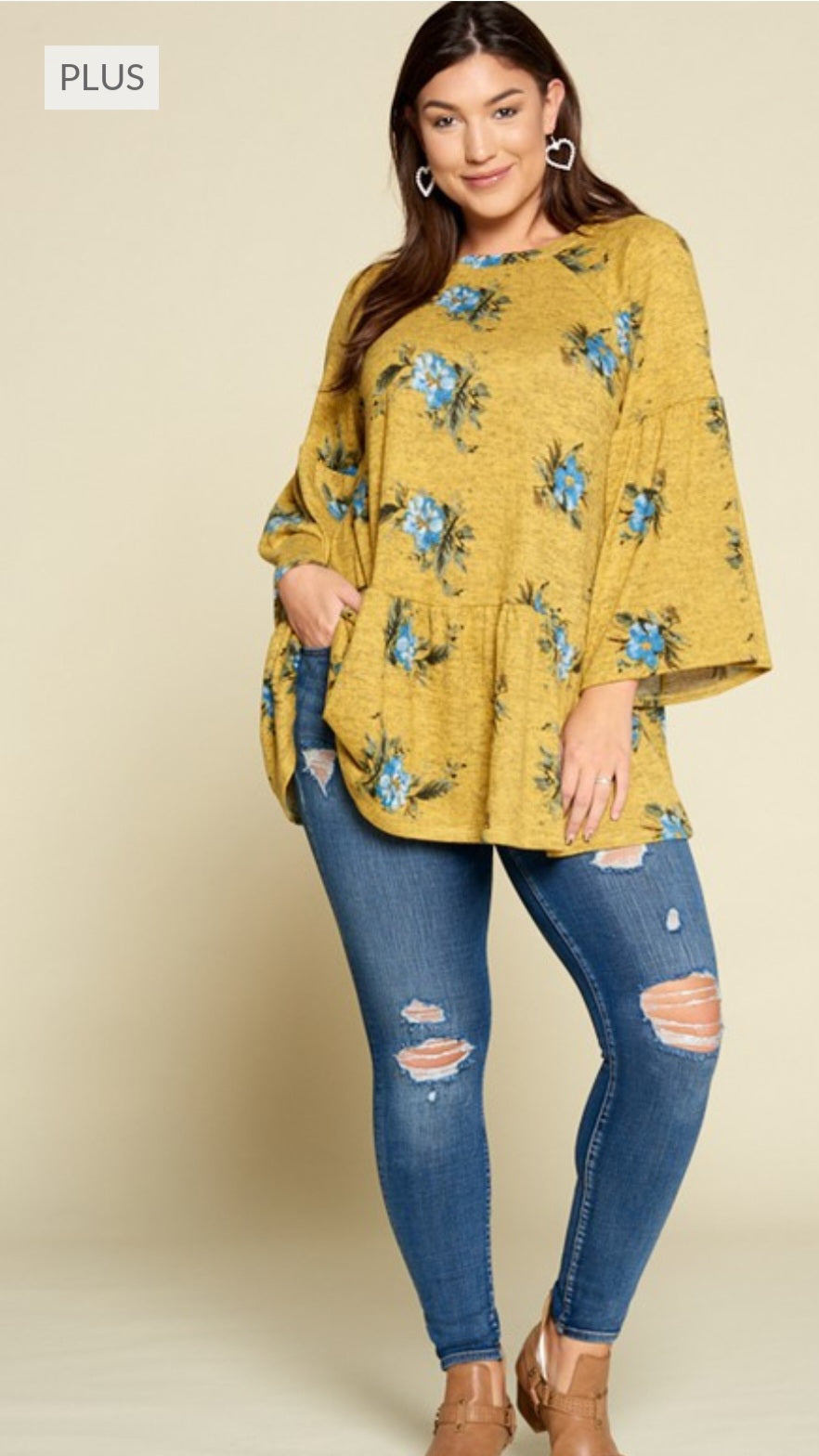 Plus Size Cute Floral Hacci Baby doll Tunic Top