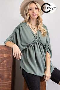 Plus size Solid V-neck woven top